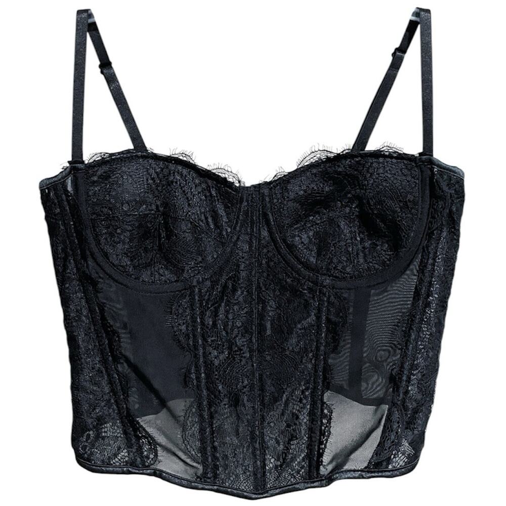Whimsigoth Lace Mesh Corset Top Size Small Black Fairy Grunge Alt Club Bustier